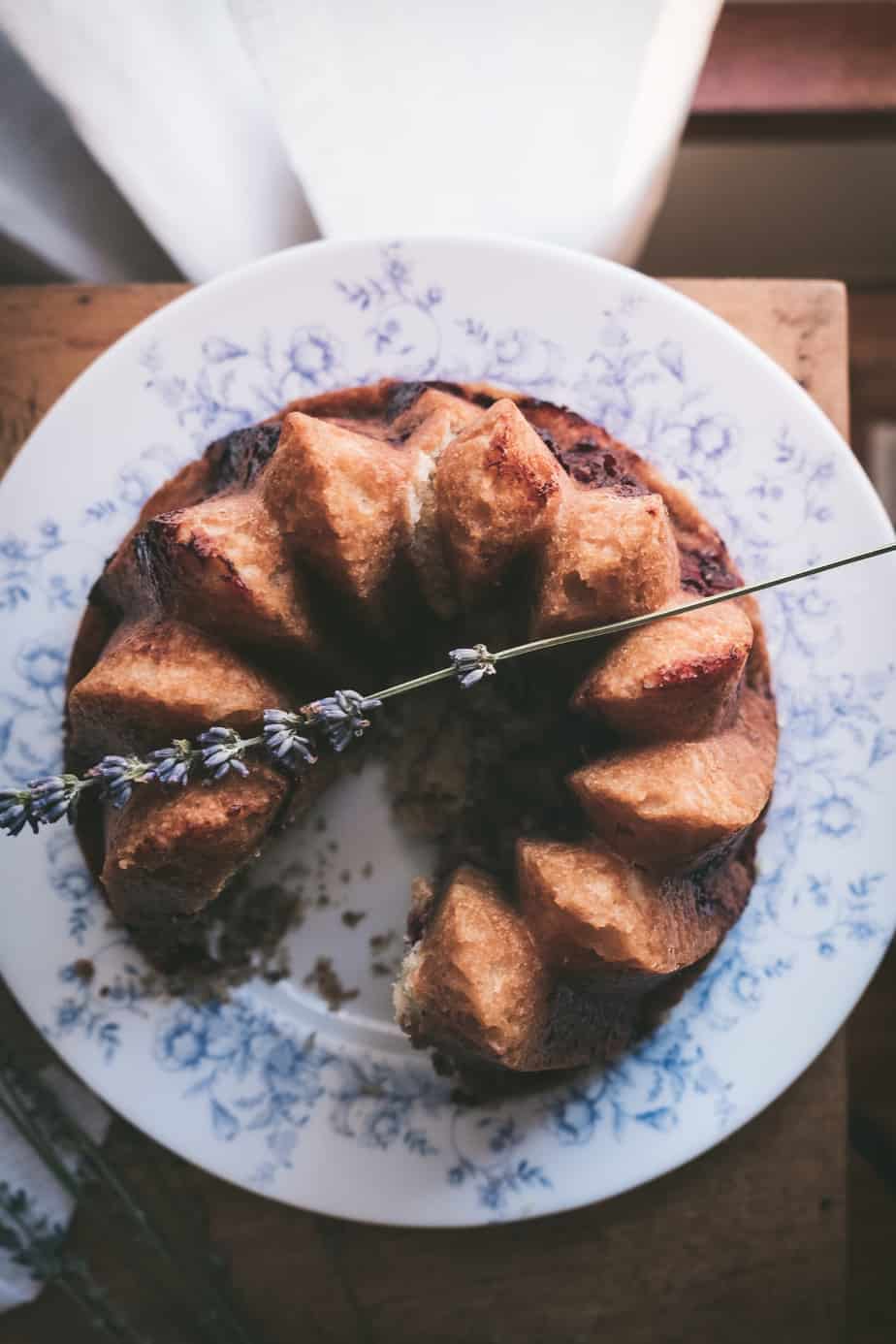 flatlay of cake with a piece of lavender