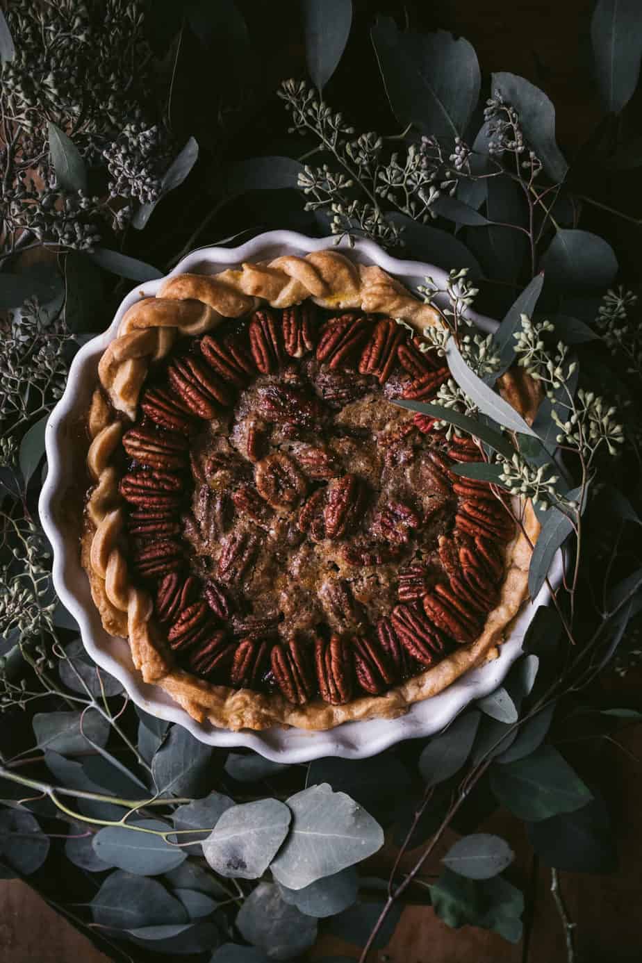 flatlay of pecan pie with florals