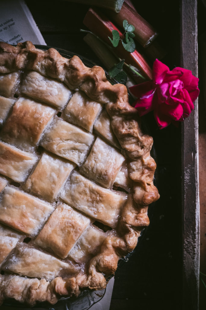 flatlay of baked rhubarb pie in a tray
